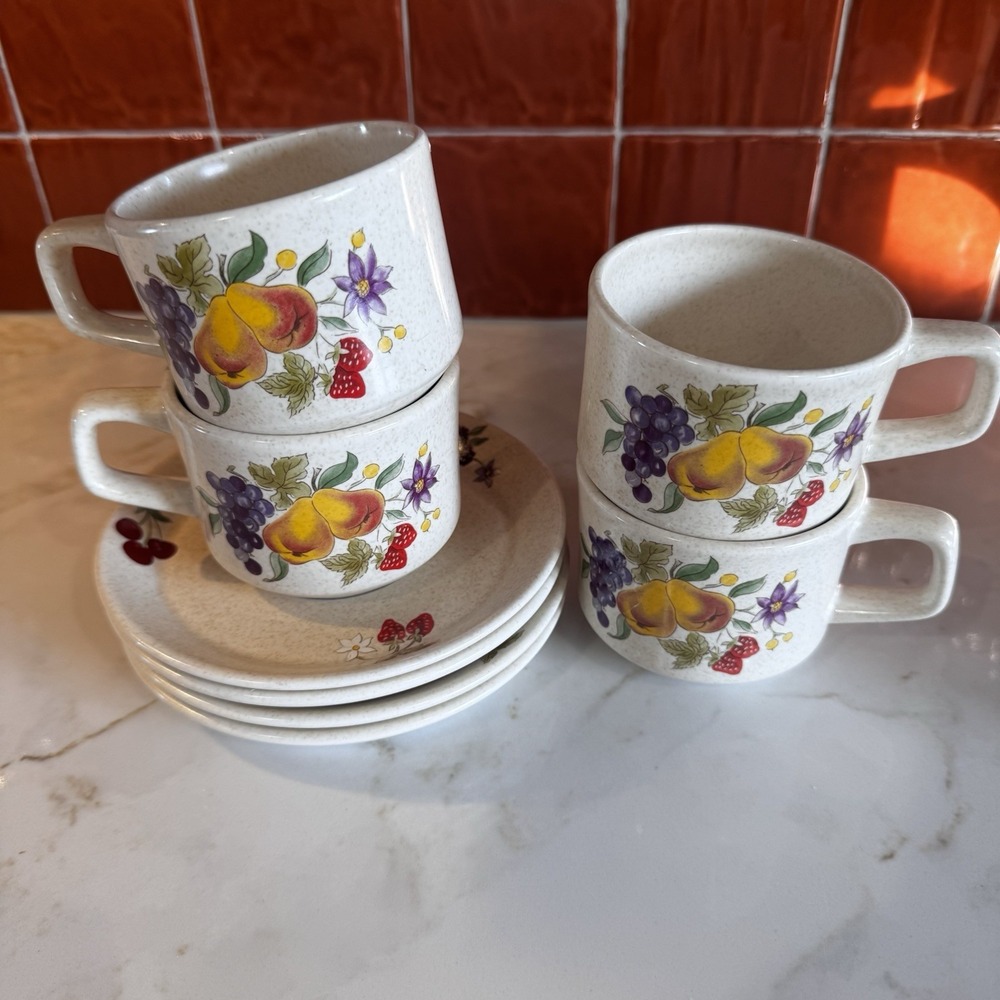 Vintage 70s Temperware Summer Harvest Cups & Saucers 4 Sets Cottagecore MCM USA
